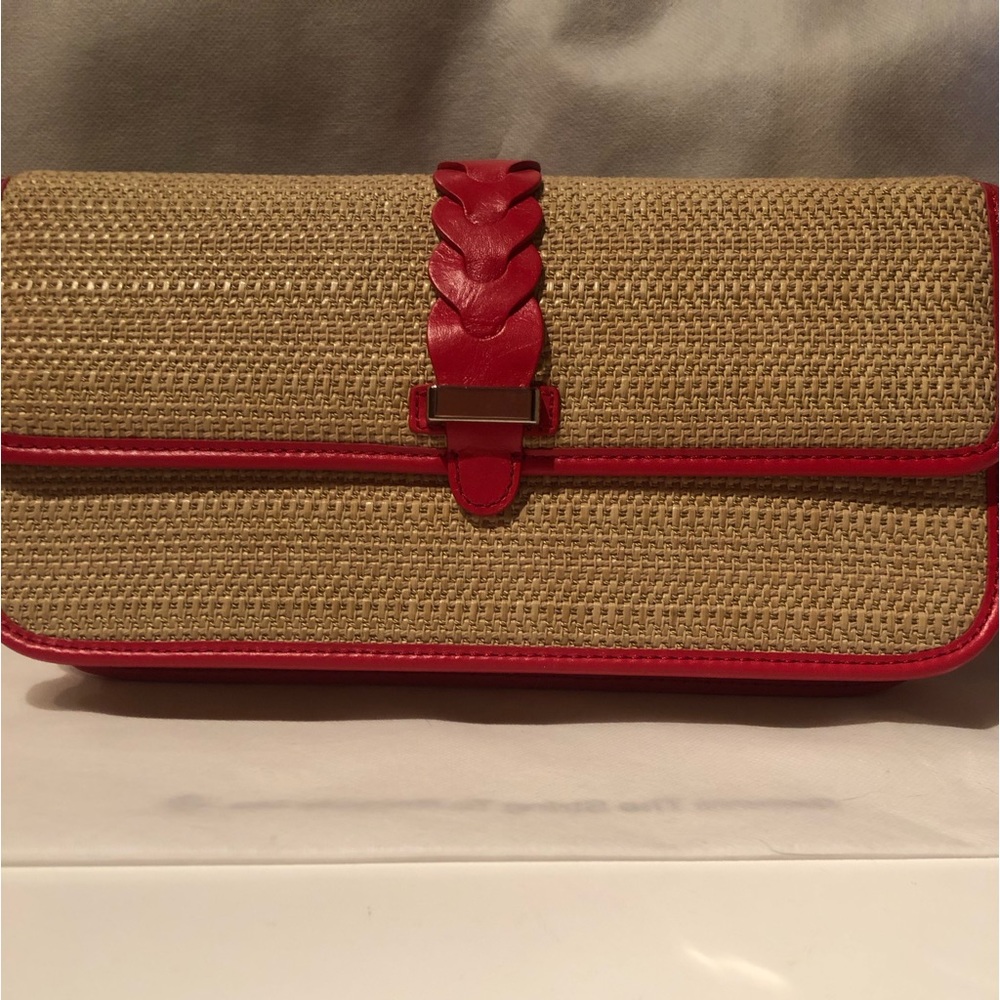 NWT Cole Hann Bedford woven straw clutch with red leather trim & braided front